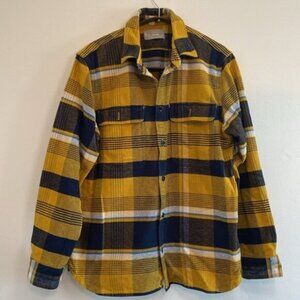 Everlane Shacket Flannel Shirt Mens Large Blue Yellow Plaid Pockets 100% Cotton
